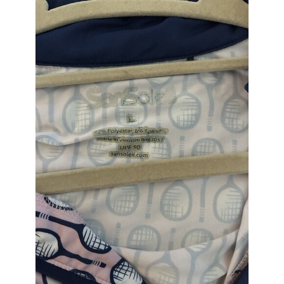 SanSoleil UPF 50+ 1/4 Zip Top with a Pink and Navy Racket Print Size Large Golf - Picture 7 of 9